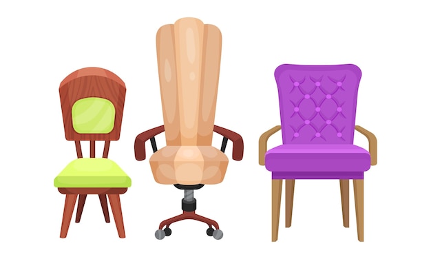 Sillas y sillones blandos con apoyabrazos como conjunto vectorial de muebles de habitación