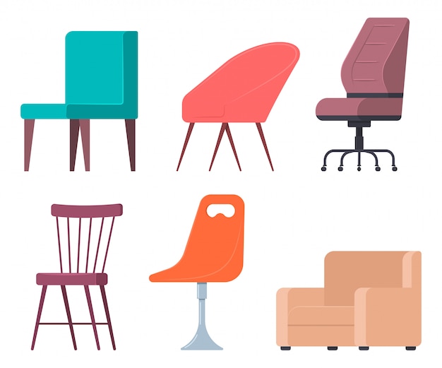 Sillas y sillones vector conjunto plano de elementos de muebles de hogar y oficina.
