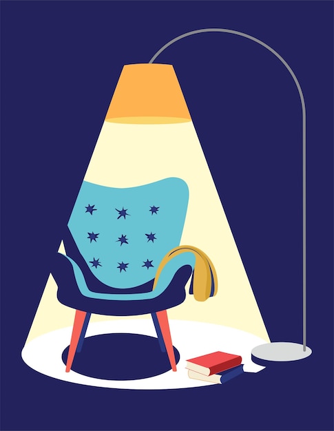 Vector sillón acogedor con una lámpara de pie sobre un fondo oscuro ilustración vectorial