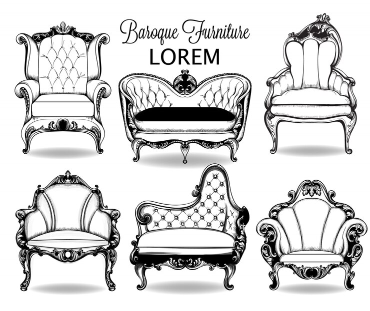 Vector sillón barroco y sofá de intrincada colección de estructuras.