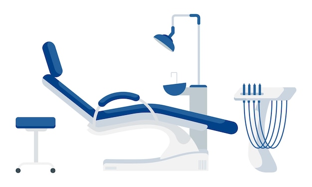 Sillón dental y accesorios objeto vectorial de color semiplano Elemento de tamaño completo en blanco Equipo para ilustración de estilo de dibujos animados simple profesional dental para diseño gráfico web y animación