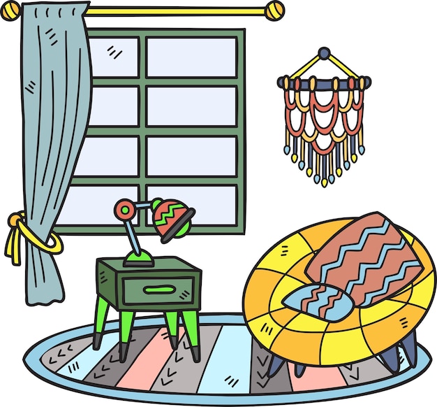 Sillón dibujado a mano con ilustración de habitación interior de lámpara y ventana
