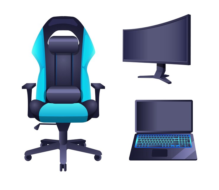Vector sillón gaming, monitor moderno y norepad para juego.