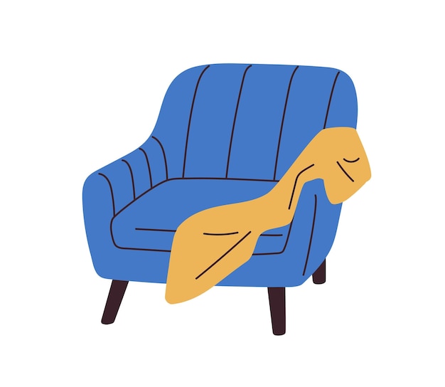 Sillón con manta en apoyabrazos. acogedor diseño de silla de moda en estilo retro de mediados de siglo. butaca con patas de madera, mueble de salón. ilustración de vector plano aislado sobre fondo blanco.