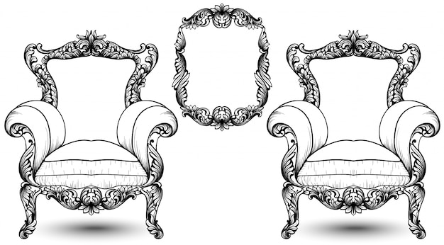 Vector sillón y marco barroco elegante en fondo blanco