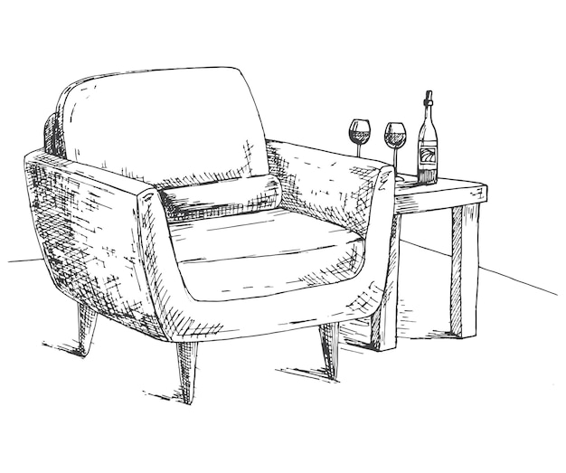 Sillón mesa de café con un vaso y una botella Ilustración vectorial dibujada a mano de un estilo de boceto