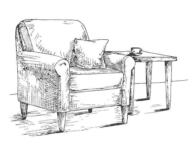 Sillón mesa de centro Ilustración vectorial dibujada a mano de un estilo de boceto