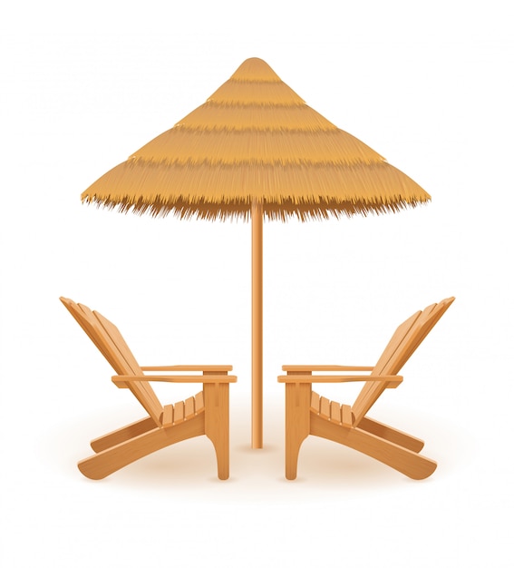 Vector sillón de playa tumbona tumbona de madera y sombrilla hecha de paja y caña ilustración vectorial