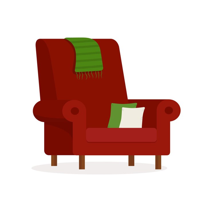Vector sillón rojo con almohadas aislado sobre un fondo blanco.