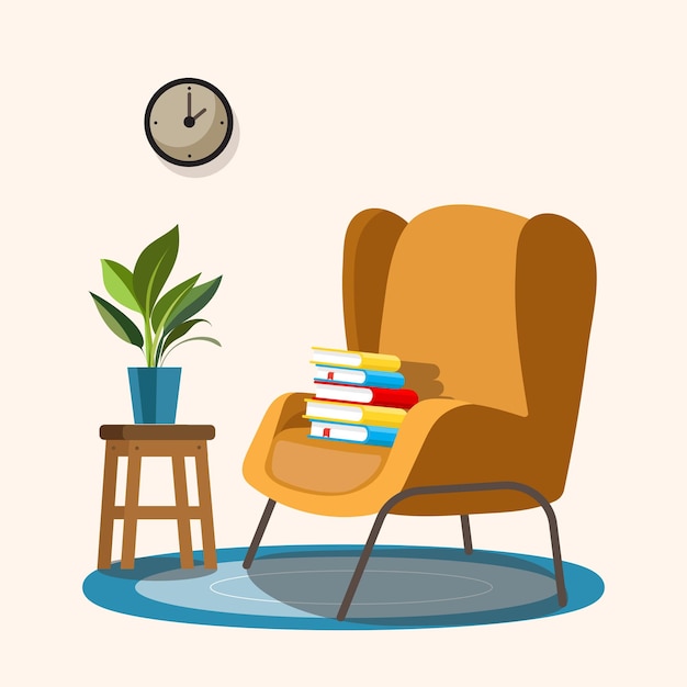 Sillón para sala de estar con libros Elemento interior de la biblioteca doméstica Ilustración de libros de lectura afición de los amantes de los libros Ilustración vectorial