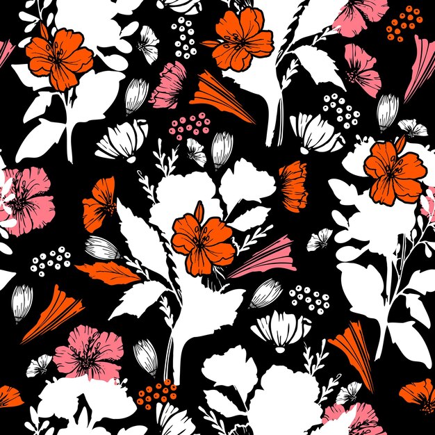 Silueta abstracta de patrones sin fisuras con hojas y flores de jardín florecientes con flores vector
