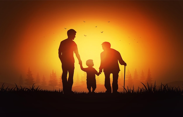 Silueta de abuelo, padre e hijo en el parque a la hora del atardecer