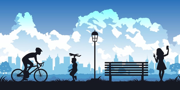 silueta, de, actividades, de, gente, en, parque, hombre, paseo, bicycleboy, juego, avión, juguete, y, mujer, selfievector, ilustración