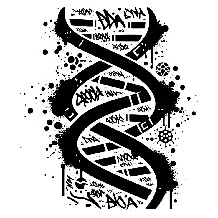Vector la silueta del adn se llena con etiquetas de graffiti, caligrafía callejera.