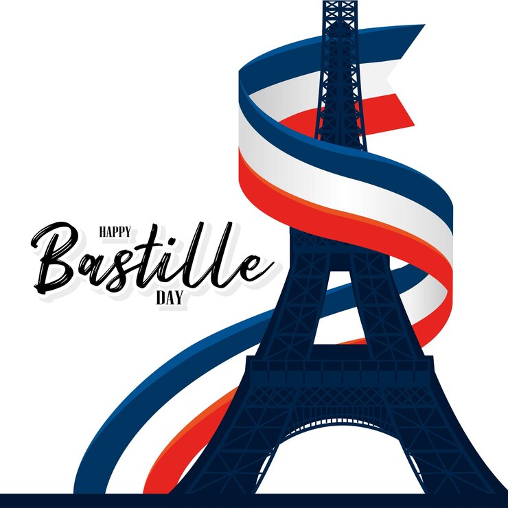 Vector silueta aislada de la torre eiffel con bandera francesa día de la bastilla ilustración vectorial