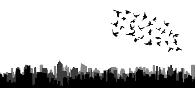 Silueta aislada vectorial de aves voladoras sobre fondo negro de la ciudad