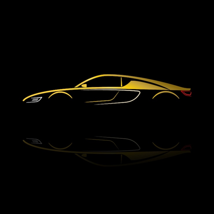 Vector silueta amarilla del coche con la reflexión en fondo negro.