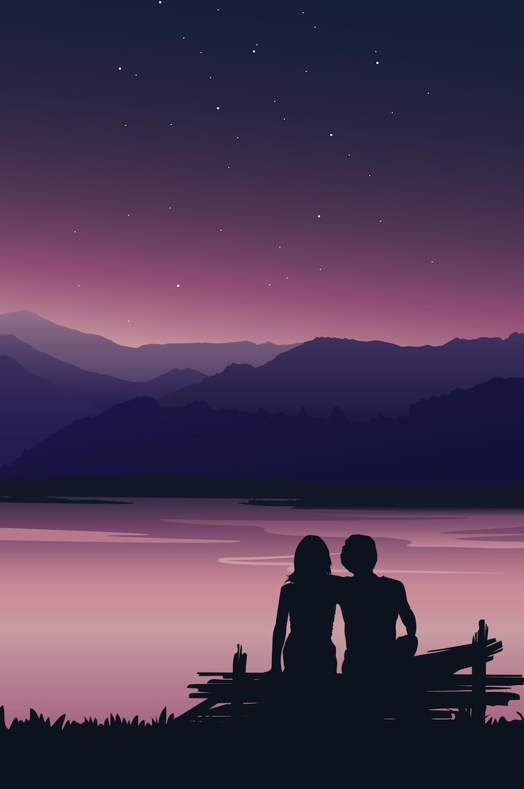 Vector silueta, de, amor, pareja, sentado, en, el, banco, en, ocaso, vector, plano de fondo