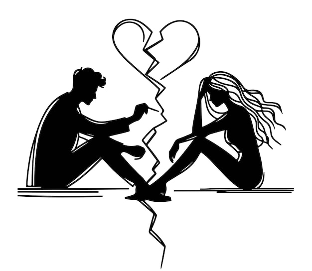 La silueta del amor de la ruptura la forma del corazón roto la ilustración vectorial negra