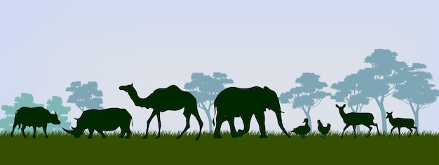Una silueta de animal de safari africano con una escena de paisaje de montaña en el vector de fondo