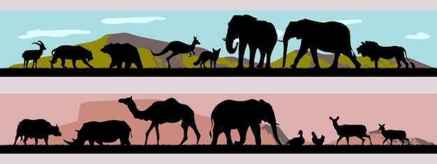 Una silueta de animal de safari africano con una escena de paisaje de montaña en el vector de fondo