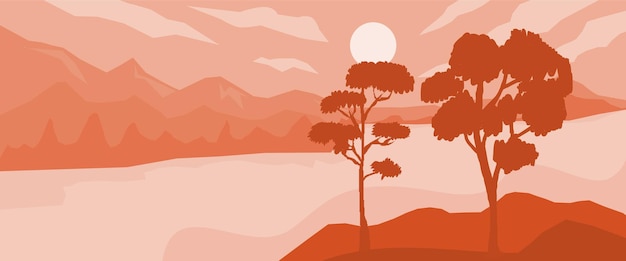 Silueta de árbol hermosa tarde paisaje natural árboles densos en el vector de silueta de bosque