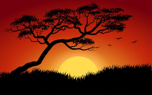 Vector silueta de árbol y hierba al atardecer