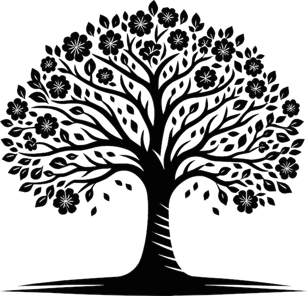 silueta de árbol ilustración de contorno en blanco y negro