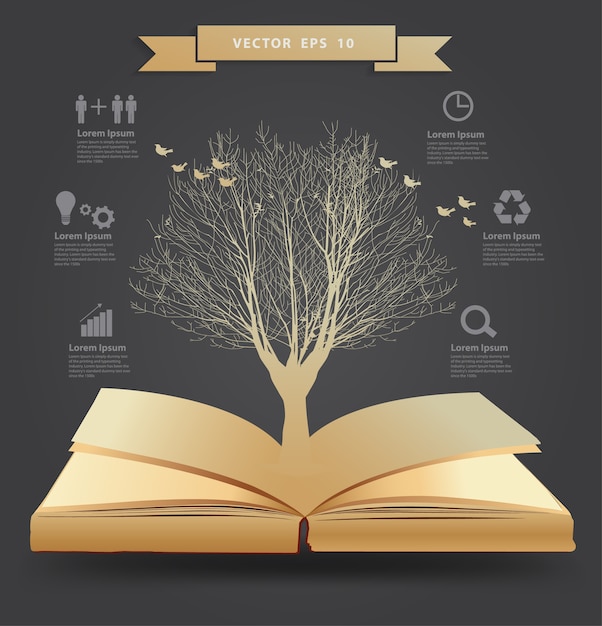 Silueta de árbol en libro, diseño de plantilla moderna de ilustración vectorial