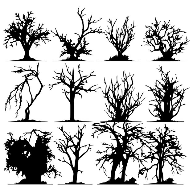 silueta, árbol muerto, vector, silueta, árbol, sin, hojas