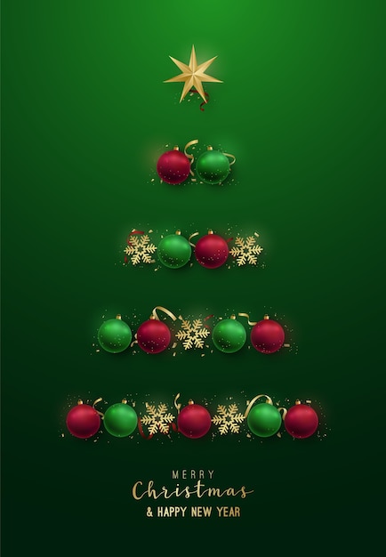 Vector silueta de árbol de navidad con adornos decorativos, copos de nieve, estrella.