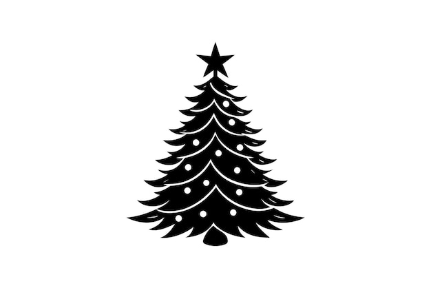 Silueta de árbol de Navidad en blanco y negro con estrellas y adornos