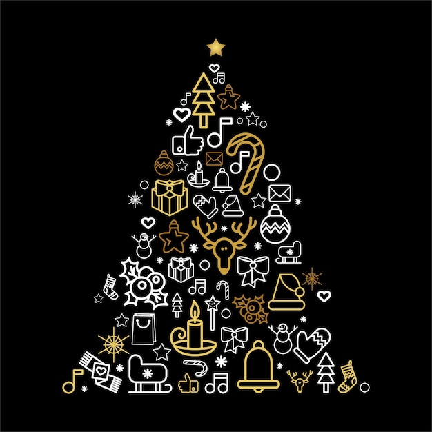Silueta de árbol de Navidad con iconos lineales de vacaciones. Abeto de tarjeta de felicitación con decoraciones festivas