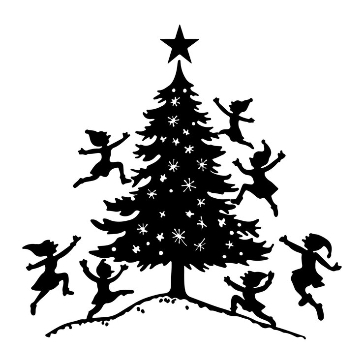 Silueta del árbol de Navidad con ilustración vectorial de los elfos juguetones