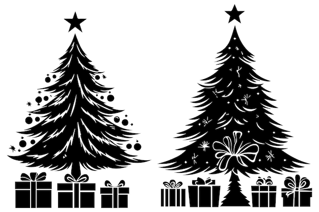 Silueta de árbol de Navidad con vector de regalos