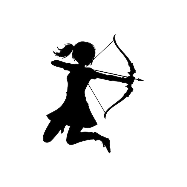 Silueta de una arquera saltando sobre un fondo blanco
