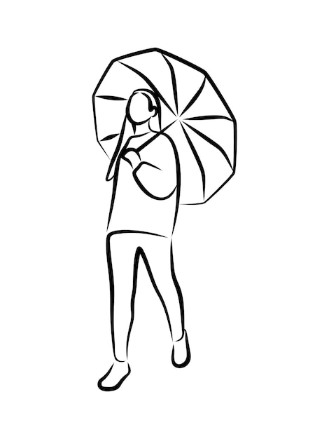 Silueta de arte de línea de paraguas de uso de mujer