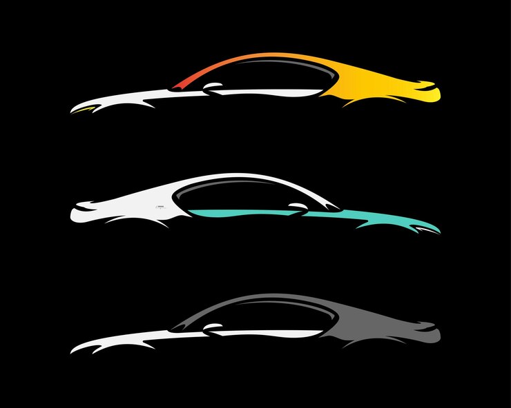 Silueta de automóvil conceptual en colores naranja y gris sobre fondo negro con variaciones