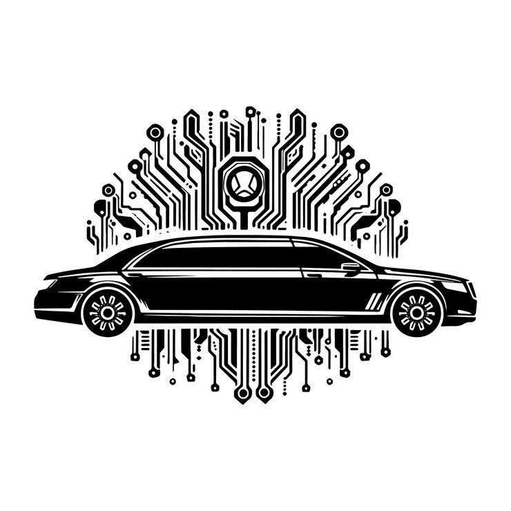 Vector silueta de un automóvil de limusina en una ilustración en blanco y negro de cyberpunk