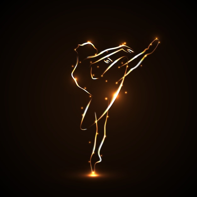 Vector silueta de bailarina, bailarines en movimiento en pointe y tutú. dibujado a mano con trazos de color dorado con luz sobre fondo negro. ambos brazos y una pierna levantados. icono.