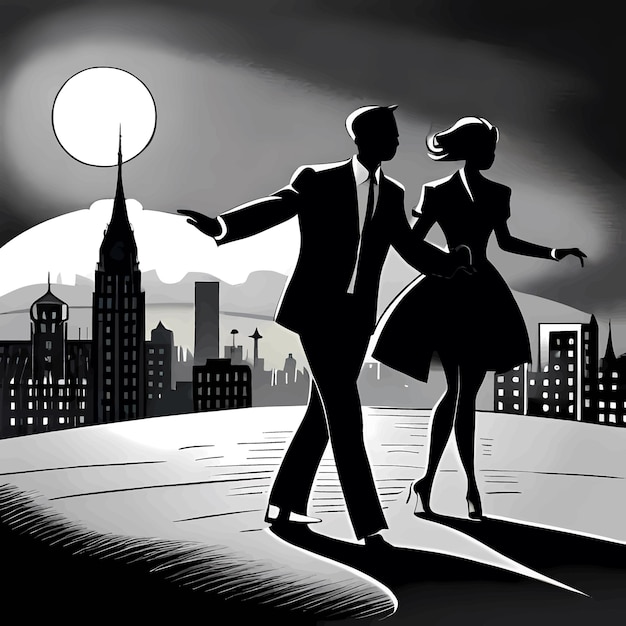 Vector silueta de bailarines de swing a la luz de la luna en estilo retro