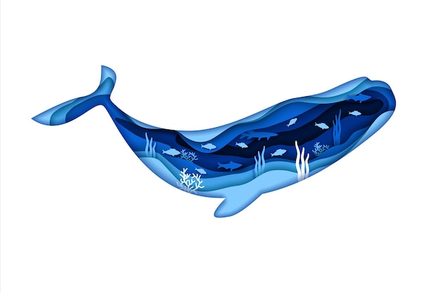 Silueta de ballena azul aislado sobre fondo blanco. Diseño de ilustración vectorial en estilo de corte de papel. Doble exposición de peces y vida marina submarina.