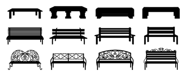 Silueta de banco silla de calle negra de madera y mimbre colección de muebles de recreación de parque aislado asiento al aire libre con respaldo de metal decorativo elementos de paisaje conjunto de iconos de asiento de vector