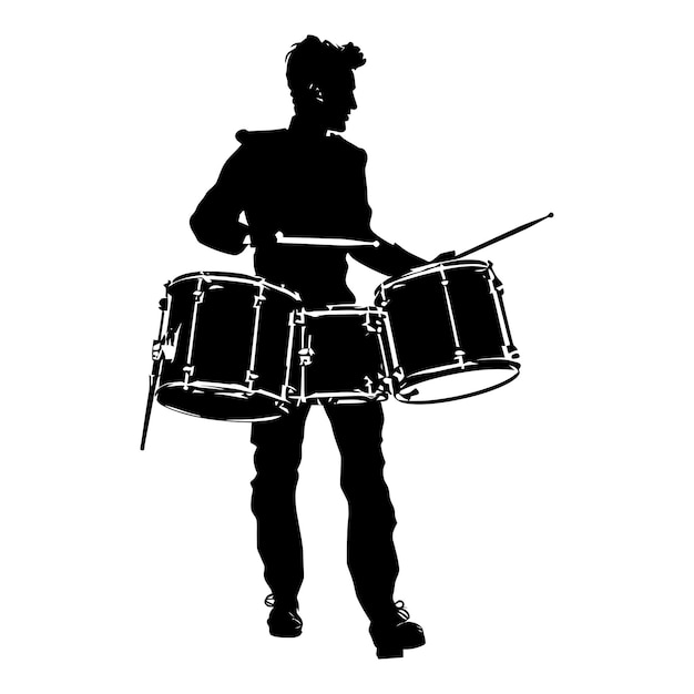 Vector silueta banda de marcha intérprete de instrumentos de percusión cuerpo entero color negro sólo