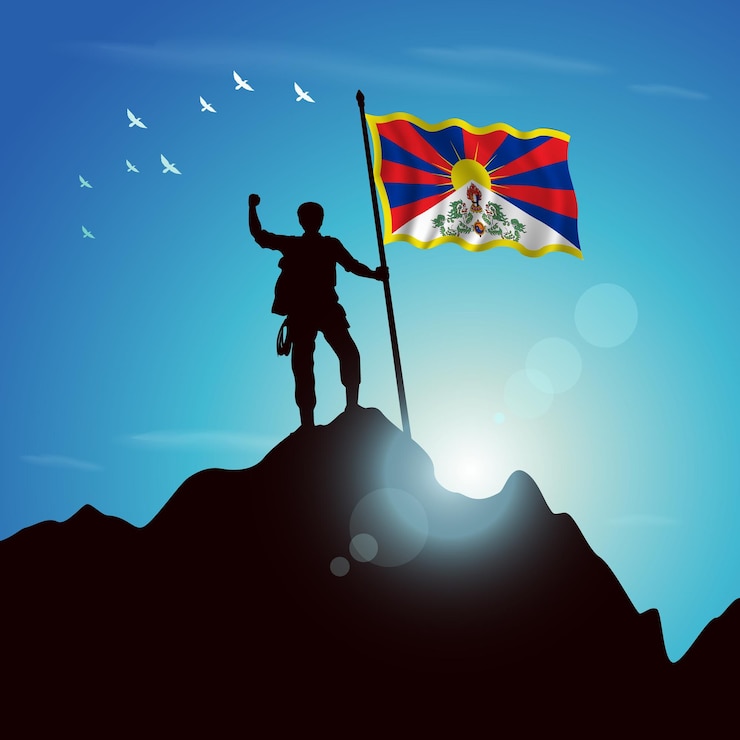 Vector silueta de la bandera del tíbet de un hombre entusiasta sosteniendo la bandera en el fondo del cielo del acantilado de la montaña
