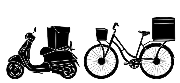 silueta de una bicicleta y un ciclomotor para la entrega de alimentos en un vector de fondo blanco