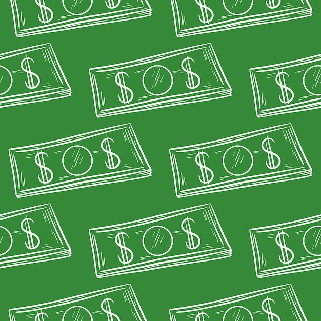 Silueta de billetes de papel sobre fondo verde de patrones sin fisuras fondo con dólares