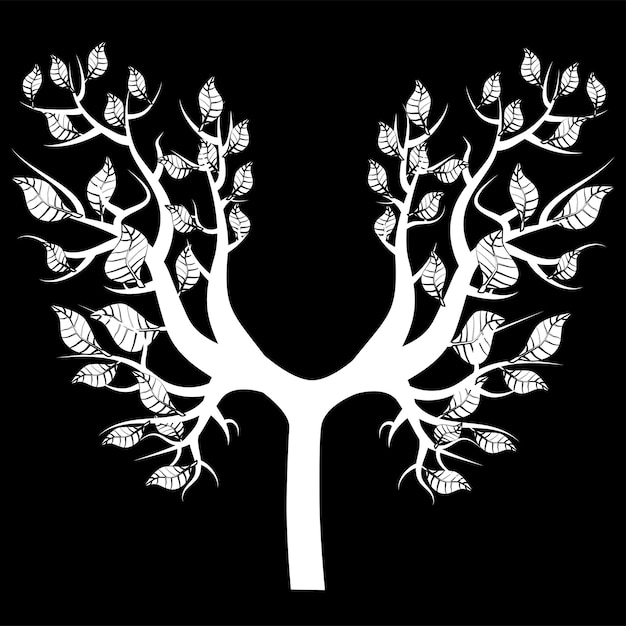 Silueta blanca de árbol simétrico joven con hojas aisladas sobre fondo negro Elemento de diseño