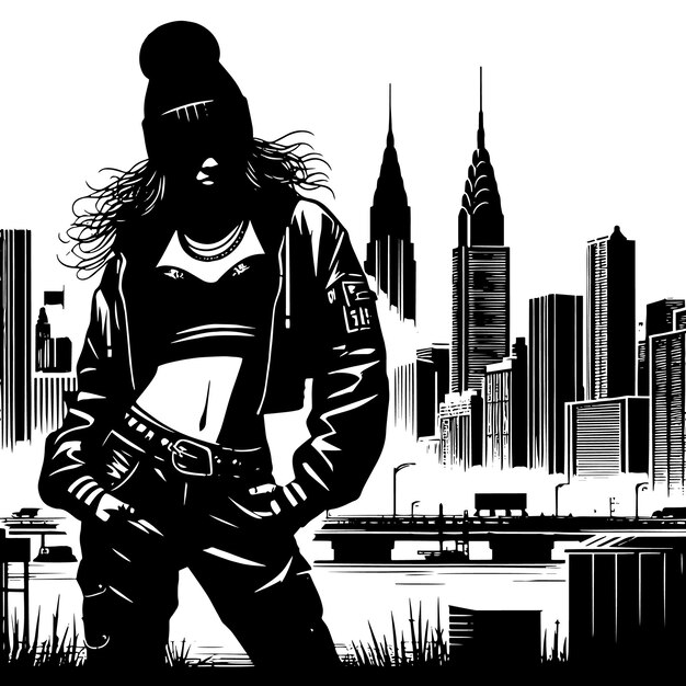 Vector silueta en blanco y negro de una chica hip hop posando frente a un horizonte urbano