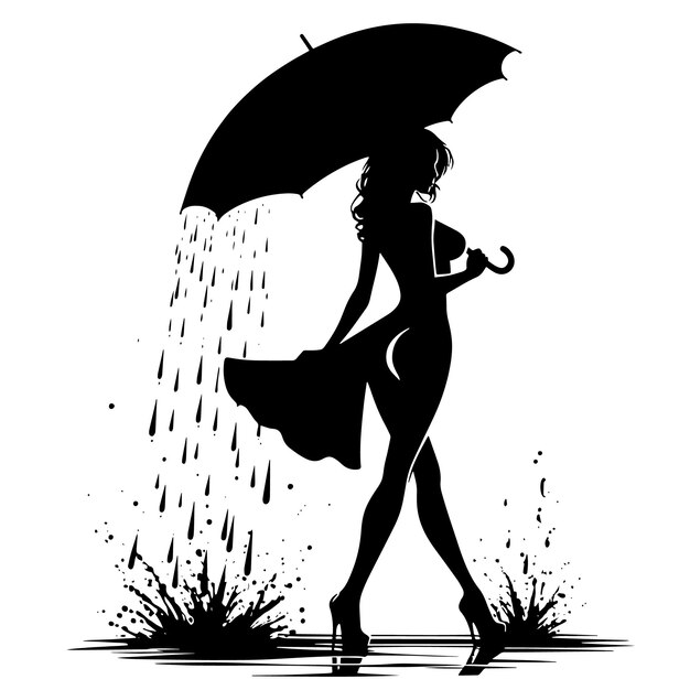 Vector silueta en blanco y negro de una mujer en un vestido caminando bajo un paraguas en la lluvia